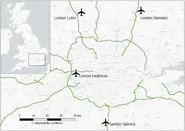 Route map from Heathrow to Luton Airport via M25 and M1